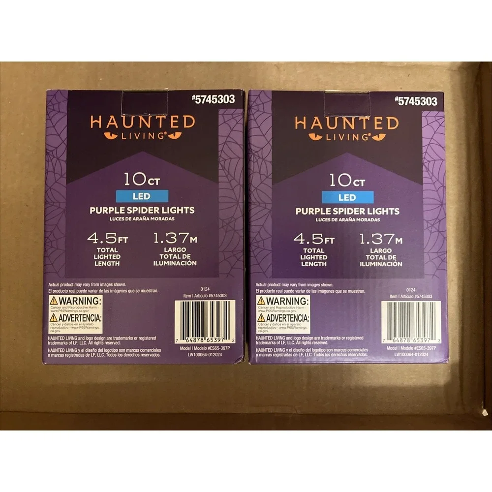 2 Boxes Haunted Living LED Purple Spider Halloween Light String Battery